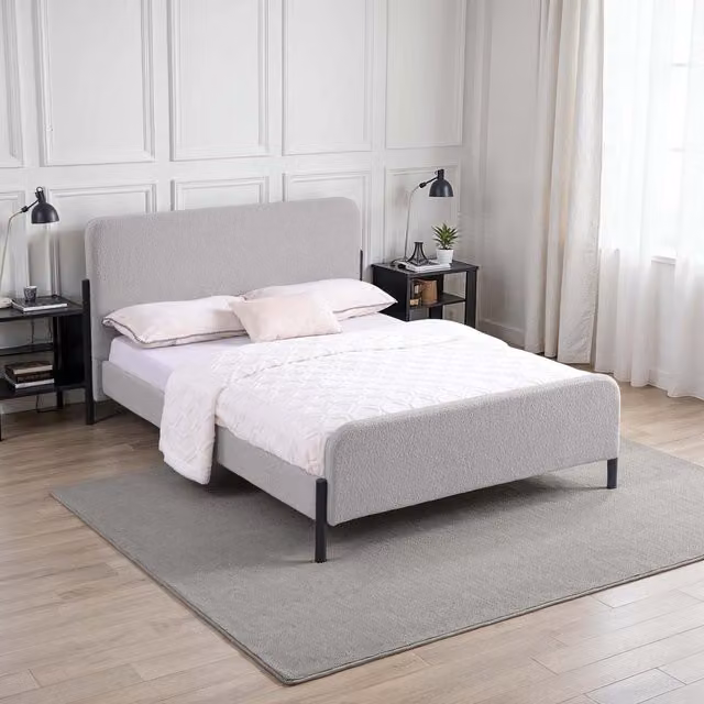 SlumberWorx Modern Upholstered Bouclé Fabric Bed Frame, Grey, W: 140 cm, L: 200 cm
