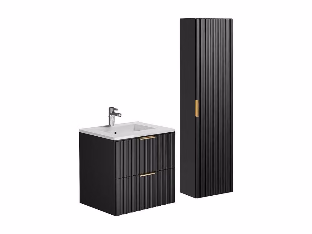 Vente-unique Modern Wall-Mounted Black Ribbed Bathroom Vanity Unit and Tall Cabinet Set with Soft-Close Doors, W/D/H: 60 x 46 x 57 cm – 2