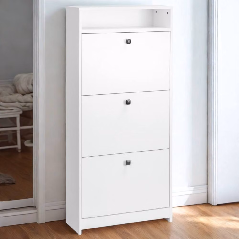 Pirlo Plush White 3 Drawer Hallway Shoe Storage Cabinet with Open Shelf, W/D/H: 132 x 24 x 18 cm – 2