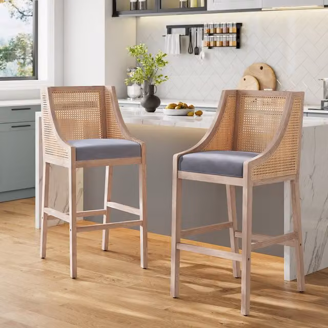 Komore Set of 2 Grey Rattan Bar Stools with Fabric Cushions