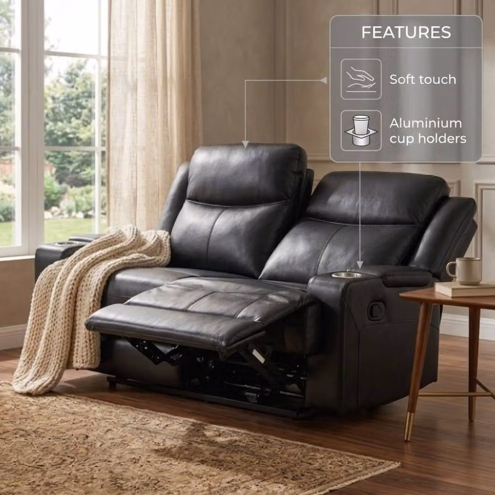 Home Luxe Interior Casper 2 Seater Manual Recliner Sofa in Black Leather, W: 130 cm, D: 45 cm – 5