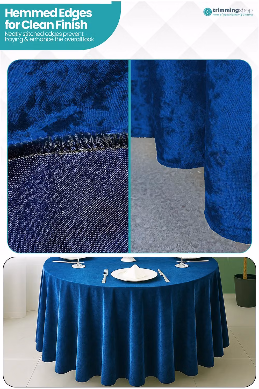 Neel Blue Diamond Velvet Round Tablecloth in Royal Blue, Diameter: 304.8 cm – 5
