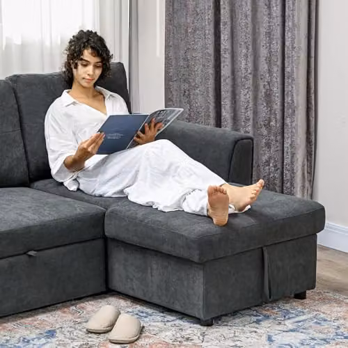 HOMCOM L-Shaped 3 Seater Pull Out Sofa Bed with Storage in Grey – 8