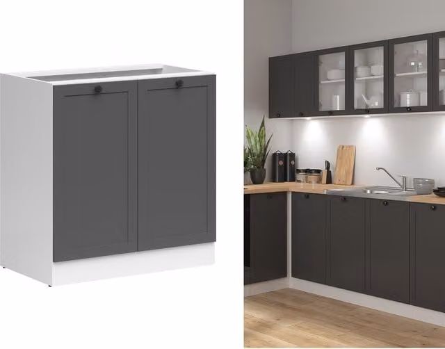 Junona Modern Shaker Kitchen Base Unit with Hinged Doors in Graphite Dark Grey and White Matt
