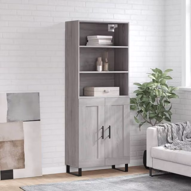 Berkfield Home Grey Sonoma Highboard with Hinged Doors and Internal Shelves, W/D/H: 69.5 x 34 x 180 cm