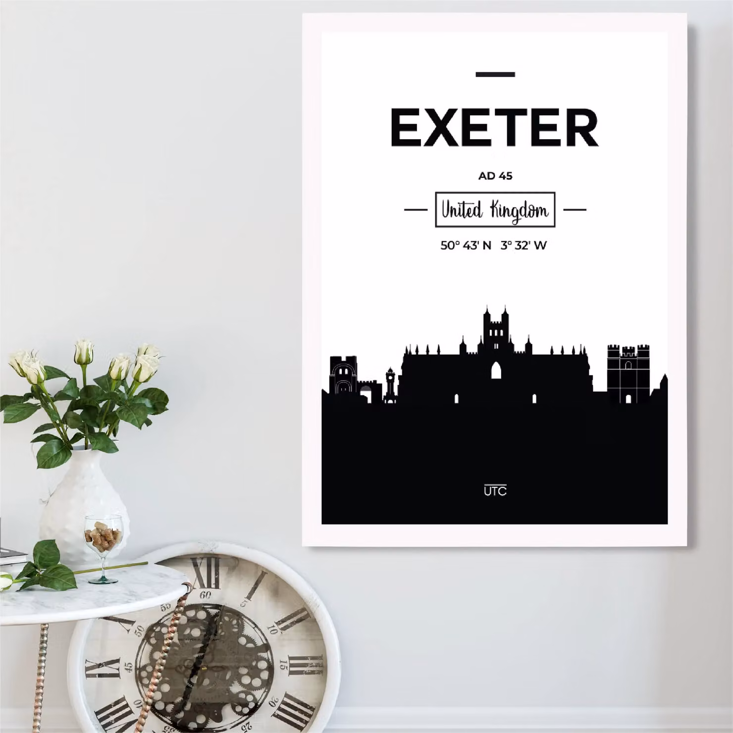 ARTZE Exeter Black and White City Skyline Framed Print with White Frame – 2