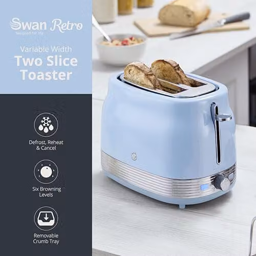 Swan ST19028BLU Retro 2 Slice Toaster in Blue and Stainless Steel with 6 Browning Levels, Defrost, Reheat and Cancel Functions, 930W – 2
