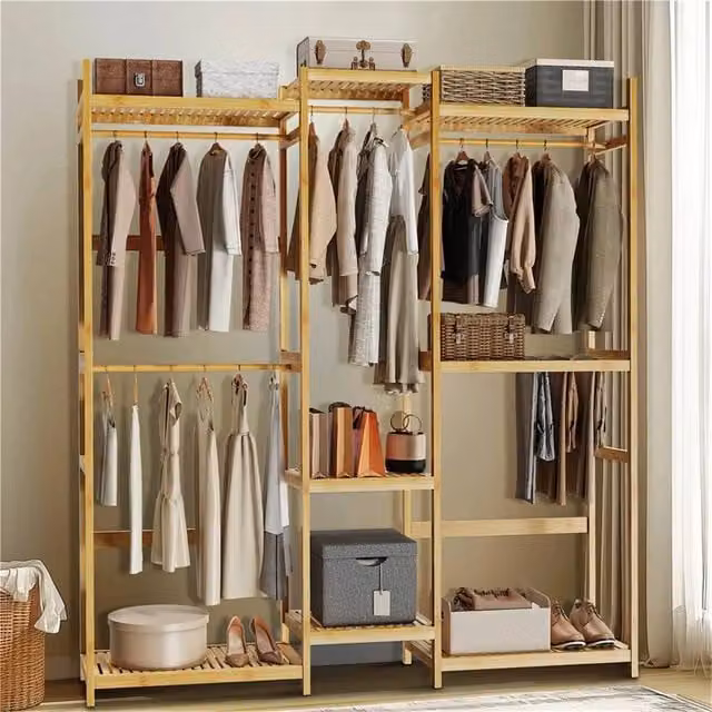 FORGEVIO Bamboo Garment Rail, Brown Lacquered Open Clothes Rack for Hallway Storage, W/D/H: 177.0 x 196.0 x 177.0 cm