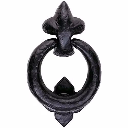 Loops Ornate Ring Door Knocker with Strike Plate in Black Antique, 85.5mm Ring