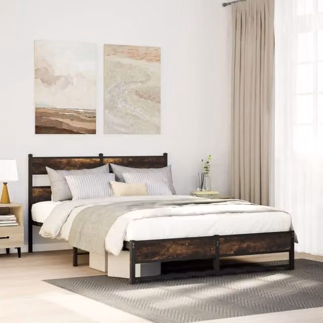Berkfield Home Metal Bed Frame in Smoked Oak Brown, W/D/H: 140 x 200 cm – 1