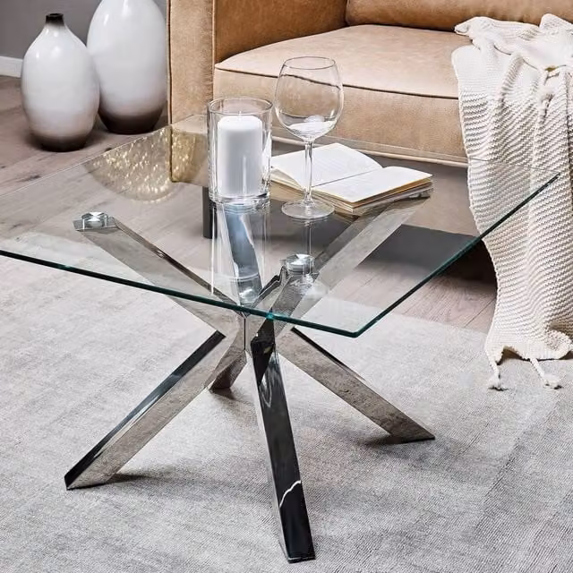 Wyld and Coco Modern Square Glass Coffee Table in Silver, W/D/H: 70 x 70 x 44 cm