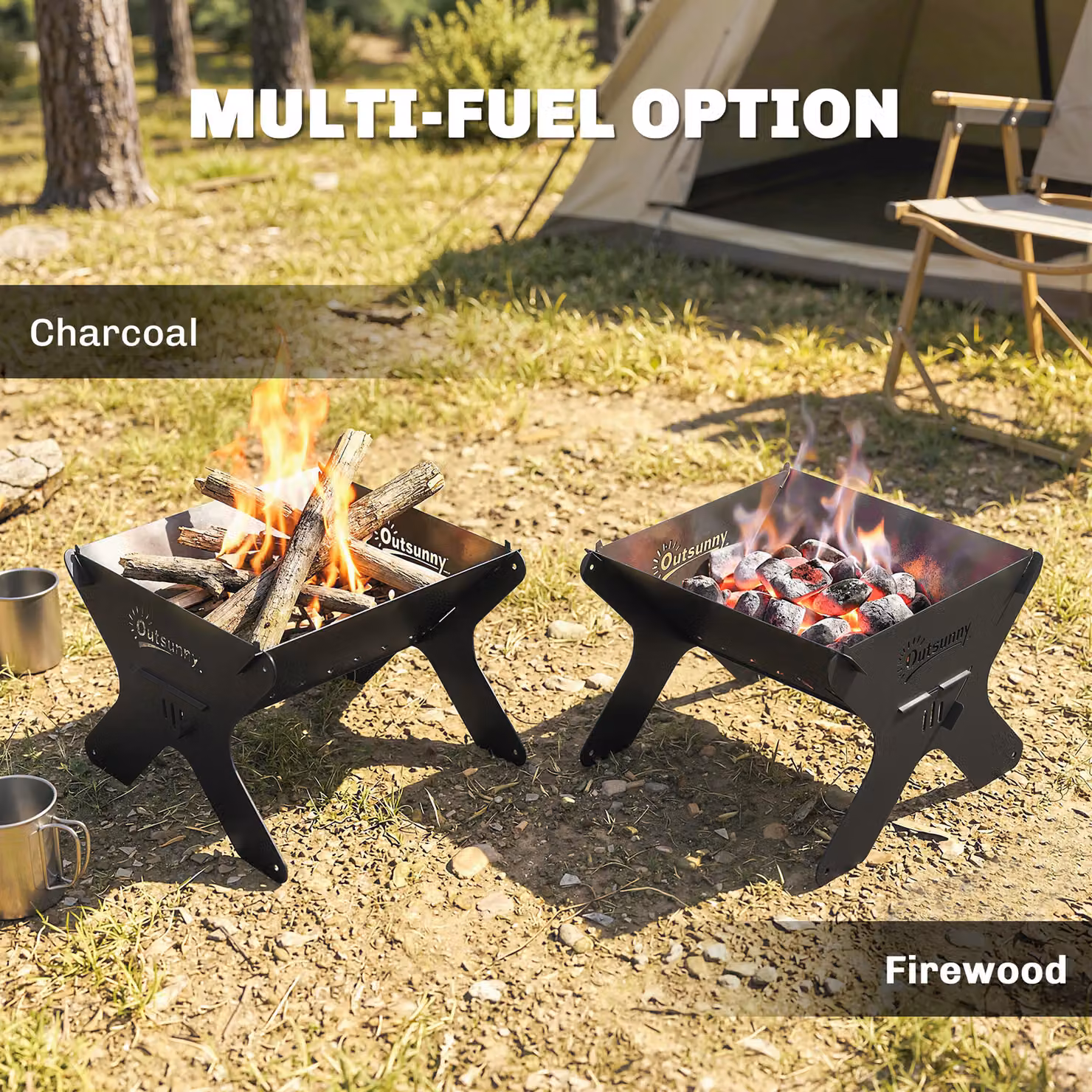 Outsunny 2-In-1 Portable Tabletop Charcoal BBQ Grill and Camping Fire Pit in Black with Carry Bag, Gloves and Gripper – 5