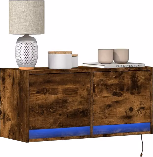 Berkfield Home TV Wall Cabinet with LED Lights in Smoked Oak Brown, W/D/H: 80 x 31 x 35 cm – 1