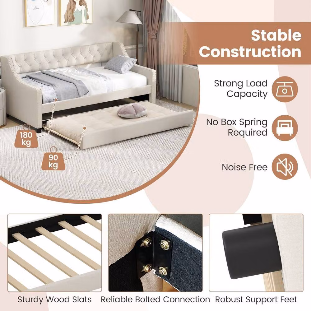Costway Linen Upholstered Single Size Daybed with Trundle Bed Frame in Beige – 3