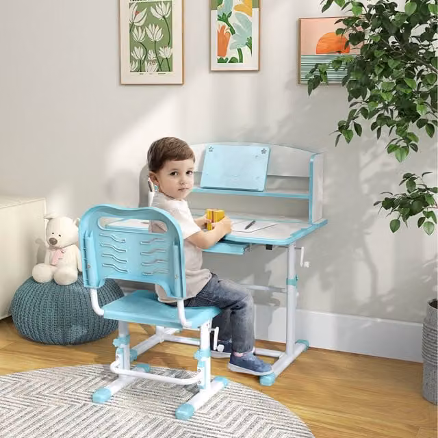 ZONEKIZ Height Adjustable Kids Desk and Chair Set with Drawer and Bookshelf, Blue