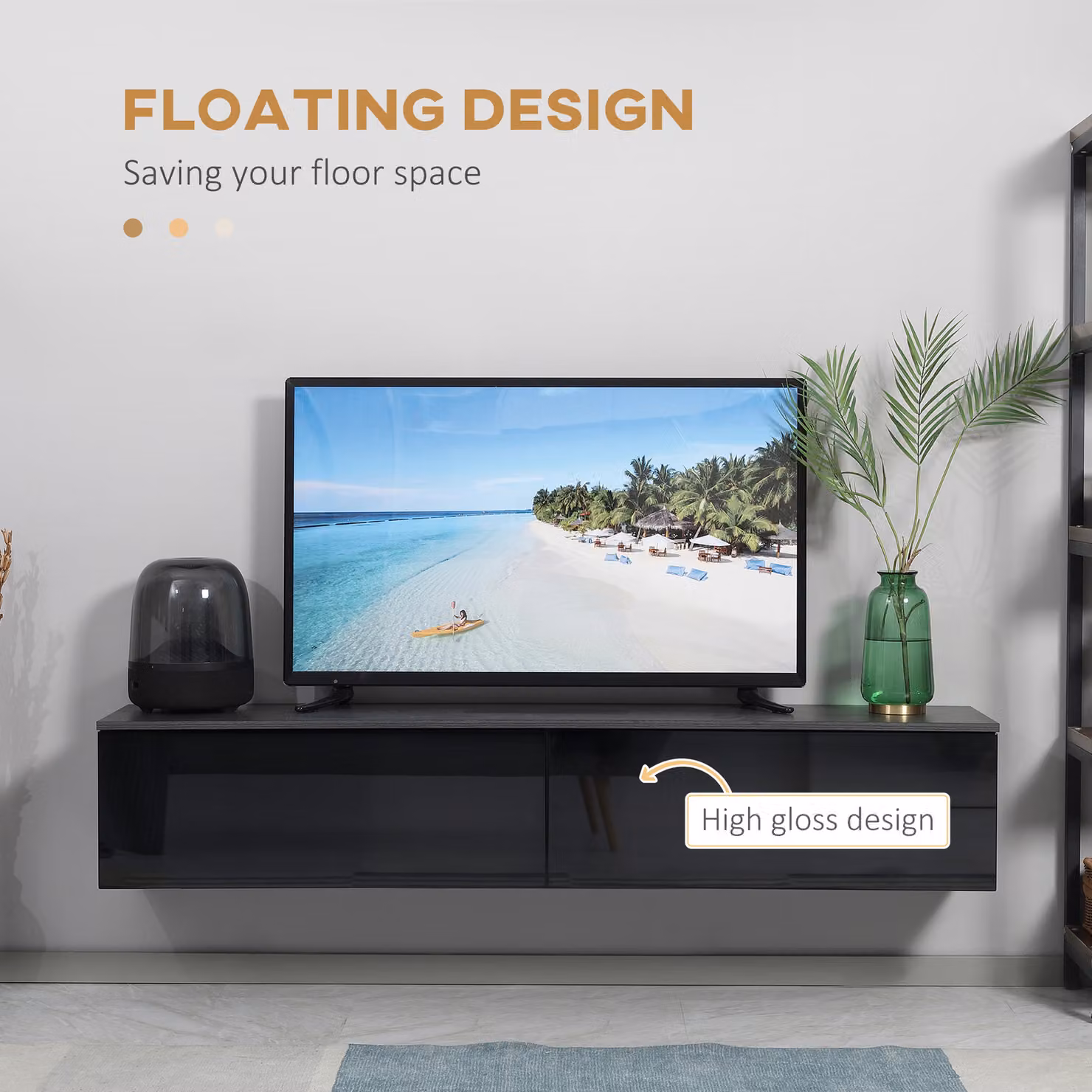 HOMCOM Wall Mounted Floating TV Unit Stand with High Gloss Effect and Storage Cupboards, Grey and Black – 4
