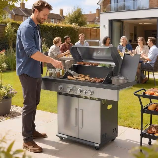 Outsunny 4 plus 1 Burner Gas BBQ Grill with Side Burner, Warming Rack and Thermometer in Silver
