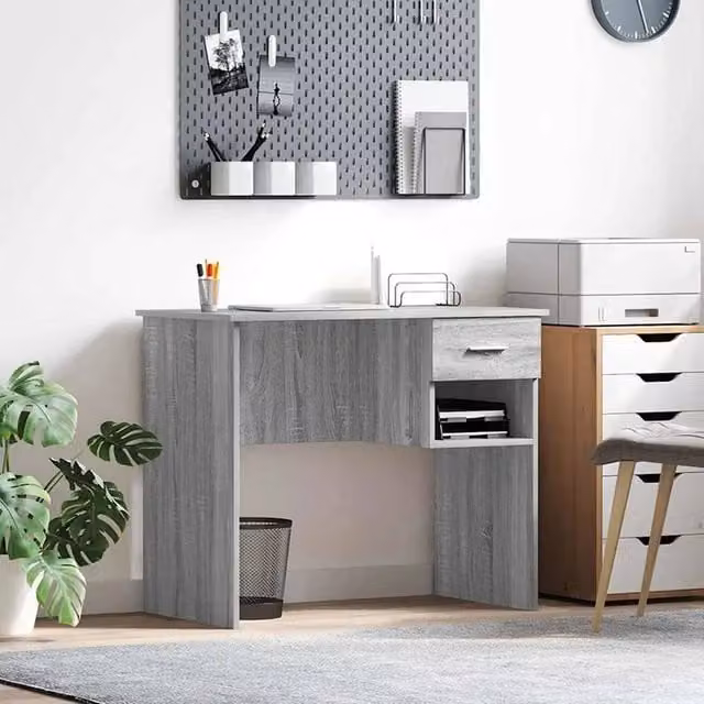 EONLION Modern Grey Sonoma Writing Desk with Drawer W/D/H: 90 x 49 x 75 cm – 1