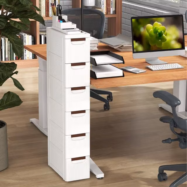 COSTWAY 6-Drawer Narrow Freestanding Storage Cabinet with Castors, White