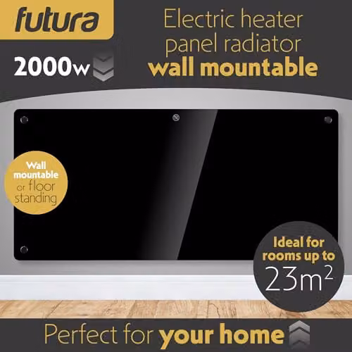 Futura 2000W Black Glass Electric Convector Panel Heater, Wall Mounted or Freestanding with Thermostat and Open Window Detection – 2
