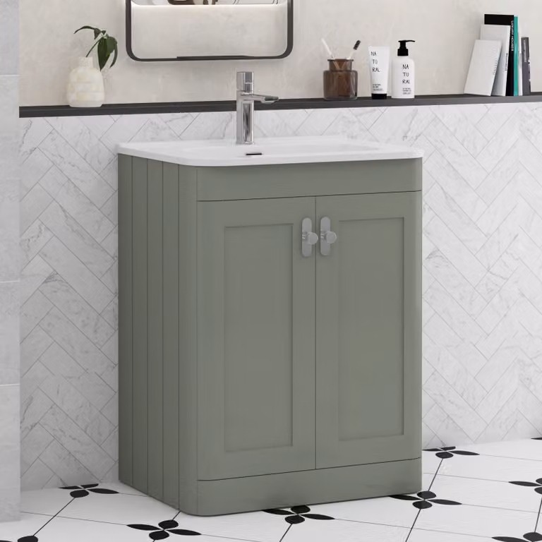 Royal Bathrooms Henley 600mm Sage Green Floor Standing 2 Door Vanity Unit with Ceramic Basin and Chrome Knob