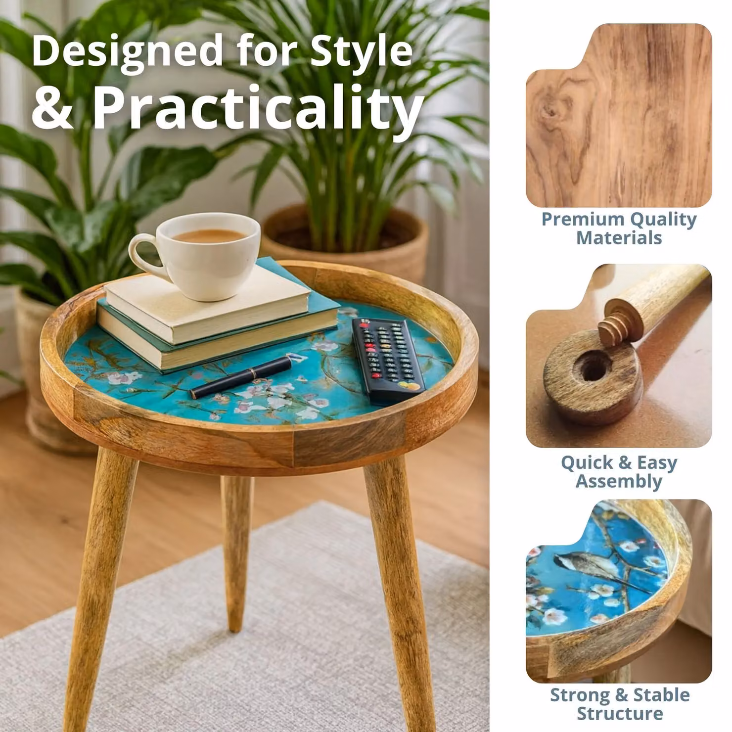 Hartsmede Florence Handmade Mango Wood Side Table in Blue, W/D/H: 36 x 36 x 47 cm – 6