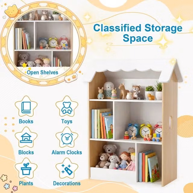 COSTWAY White House-Shaped Freestanding Kids Bookshelf with Back Panel