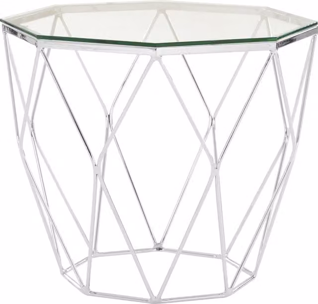 Orsina Modern Hexagon Glass and Metal End Table in Silver and Transparent, W/D/H: 60 x 60 x 55 cm