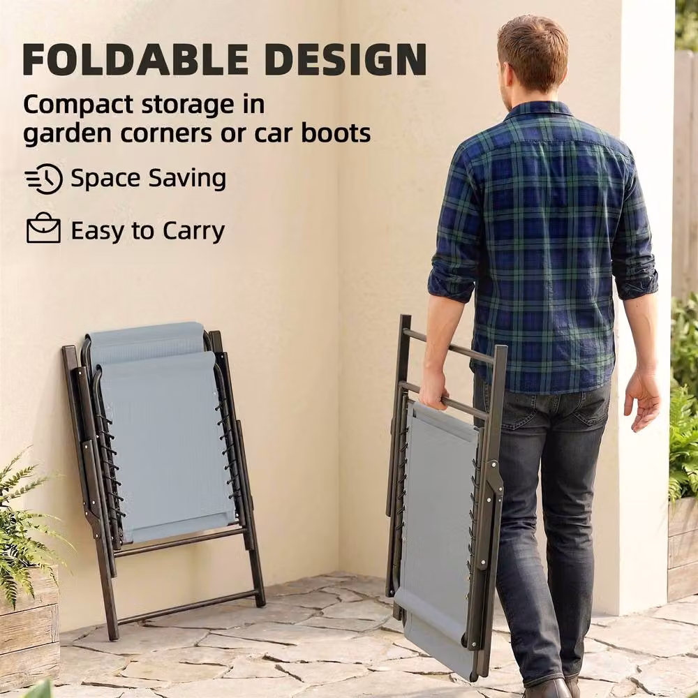 OUTSUNNY Set of 2 Folding Garden Chairs with Armrests in Grey Textilene and Metal – 3