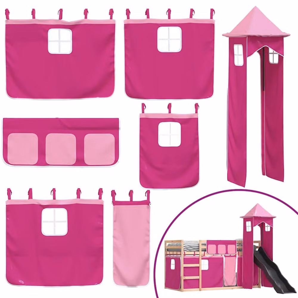 Berkfield Home Elegant Pink Bunk Bed with Slide and Curtains, Solid Pine Wood, W/D/H: 80 x 200 cm – 3