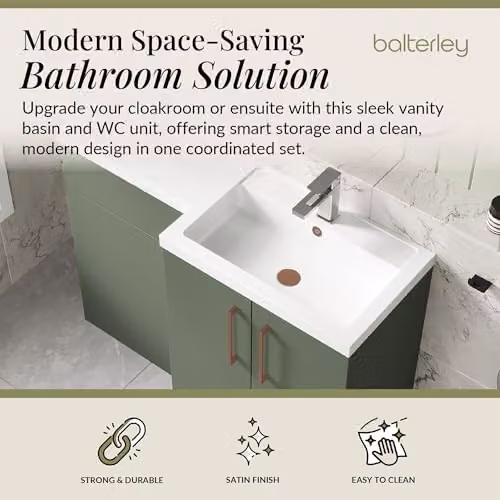 Balterley Green L-Shaped Vanity Unit with Basin, WC Unit and Soft Close 2-Door Storage, Right Hand Configuration