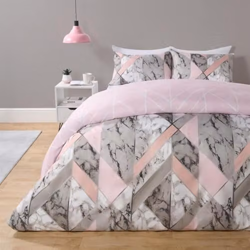 OHS Reversible Marble Duvet Cover and Pillowcase Set, Pink and Grey Microfibre Bedding, W/D/H: 180 x 200 cm, Pillowcases: 50 x 75 cm