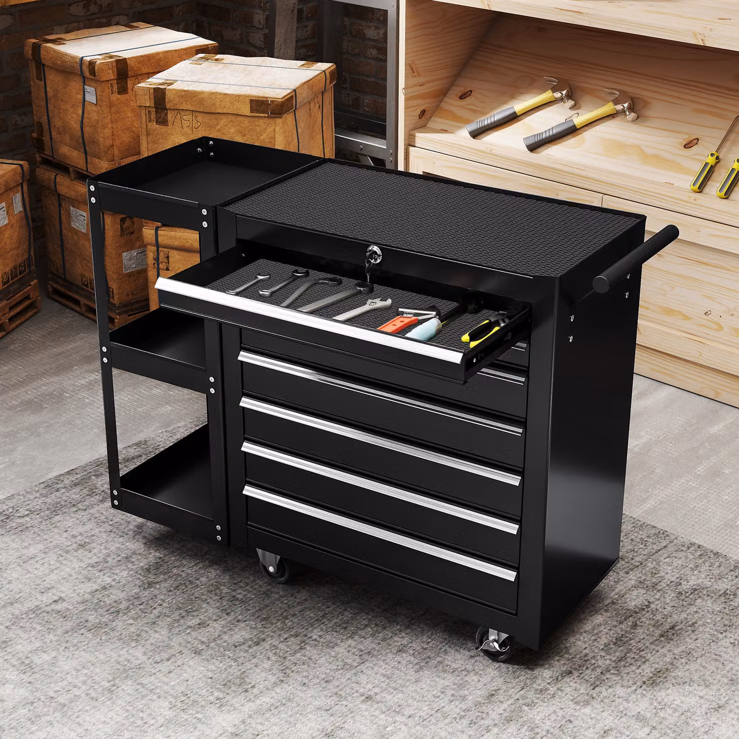 HOMCOM Lockable Steel 7-Drawer Tool Chest on Wheels, Black, W: 75 cm, D: 45 cm, H: 96 cm – 9