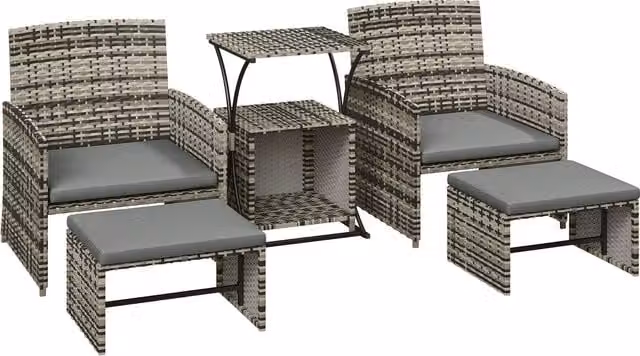 Outsunny 6 Piece Grey Rattan Garden Furniture Set with Nesting Tables, Chairs, Stools and Cushions – 1