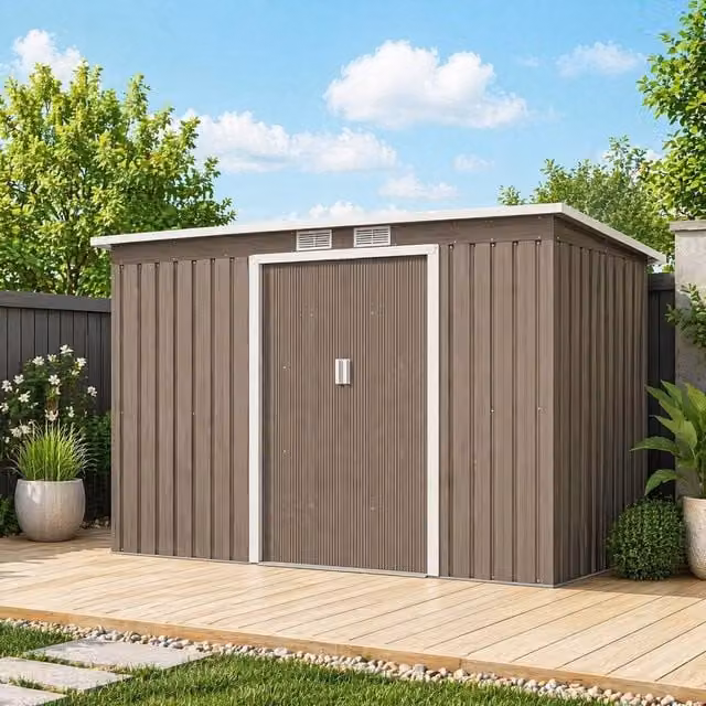 STILVORA Brown Galvanised Steel Garden Shed with Double Sliding Doors and Side Vent, W/D/H: 158 x 116 x 158 cm – 1