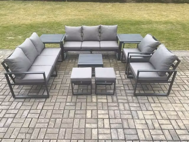 Fimous Aluminium Outdoor Garden Lounge Sofa Set with Coffee Table, 2 Chairs, 2 Side Tables and 2 Ottomans in Dark Grey