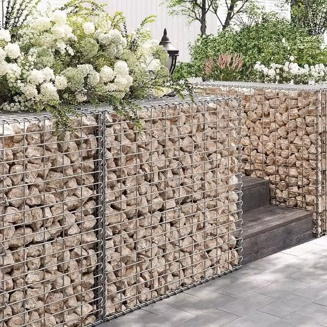 SONGMICS Set of 2 Large Silver Galvanised Steel Gabion Basket Cages for Garden Wall Decor