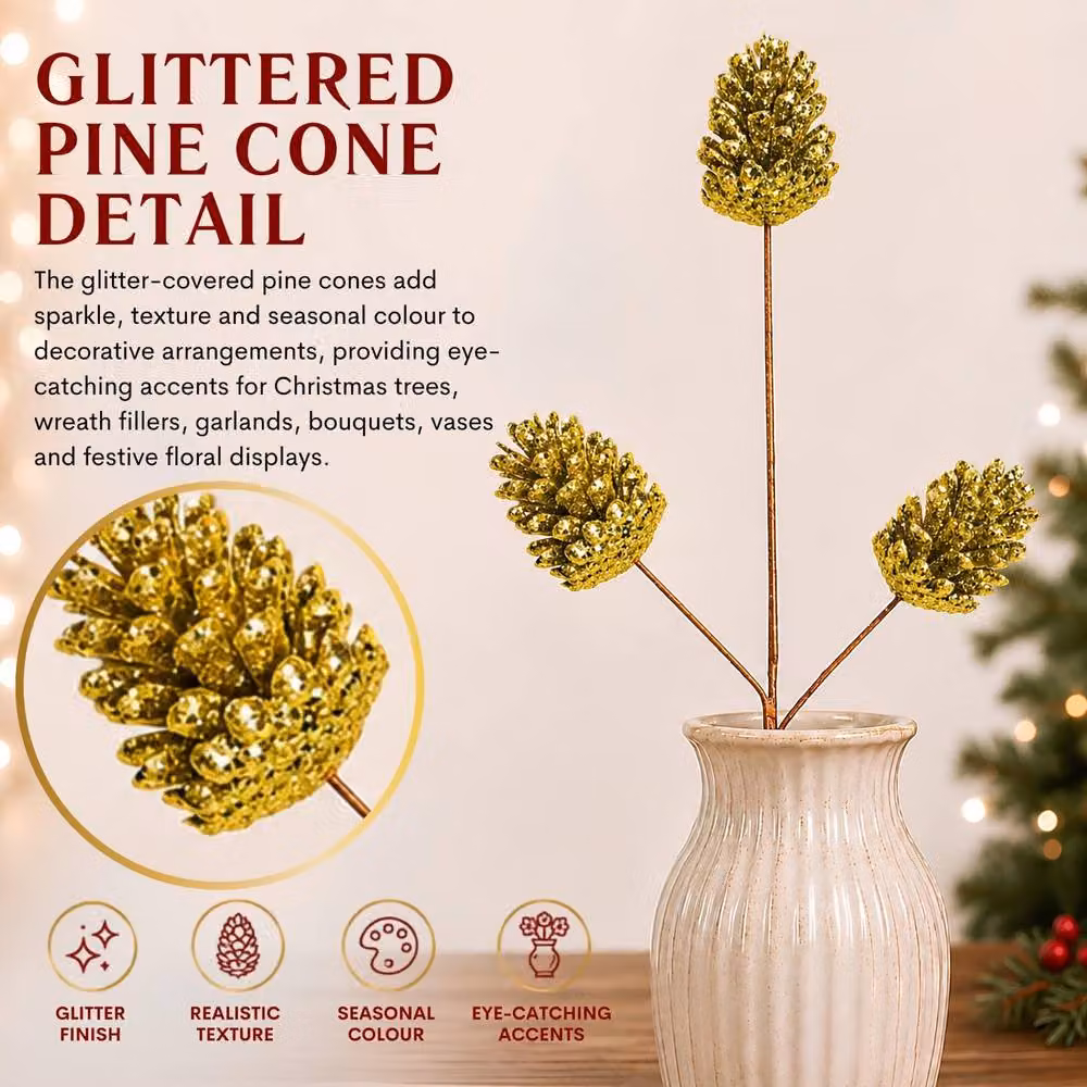 Shatchi Gold Glitter Pine Cone Christmas Picks, 6 Pack, Height: 58 cm – 4