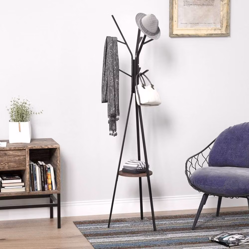 STILVORA Modern Metal Coat Rack with 9 Hooks and Shelf in Brown and Black – 2