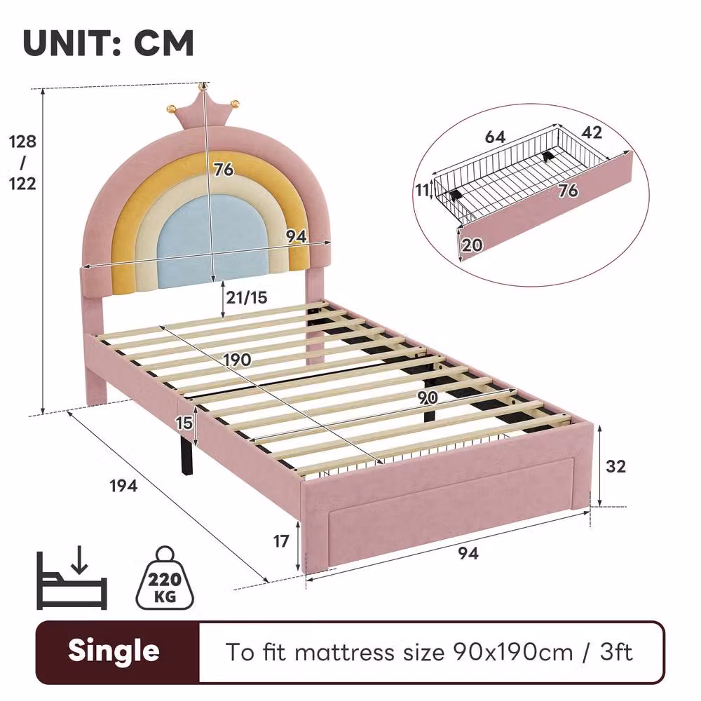 Merax Single Velvet Rainbow Storage Bed with Drawer, Pink and Multicolour, W/D/H: 90 x 190 x 128 cm – 2