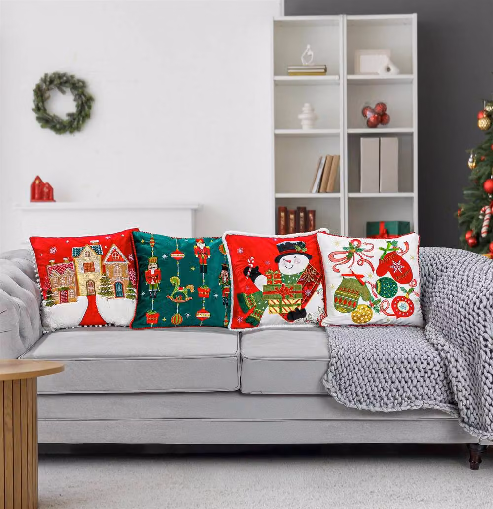 Luxury Living Embroidered Christmas Cushion in Cream with Mittens, Baubles and Bell, W/D/H: 45 x 45 x 45 cm – 4