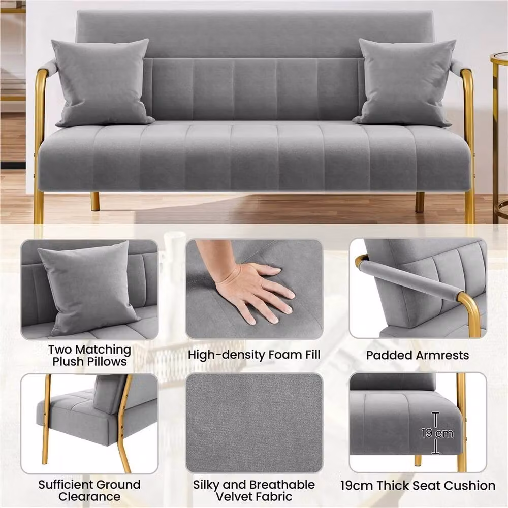 VOGREX Light Grey Velvet Loveseat with Deep Cushions and Scatter Cushions – 3
