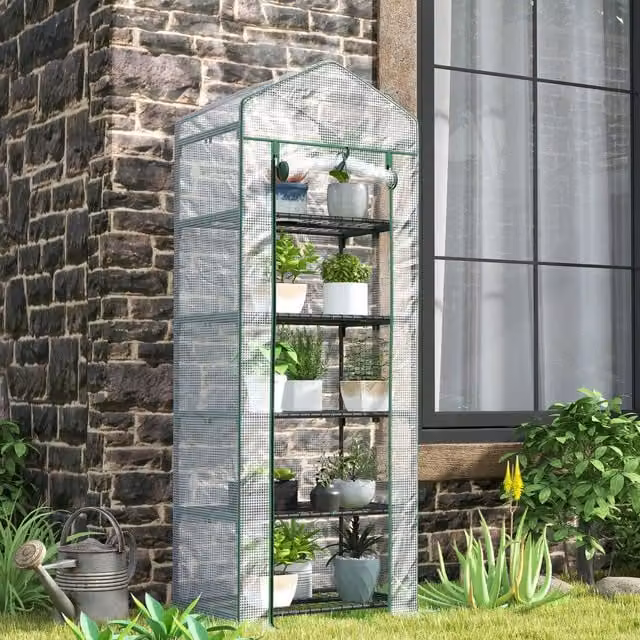 OUTSUNNY 5 Tier Mini Freestanding Greenhouse Grow House with Roll Up Door, White and Green – 1