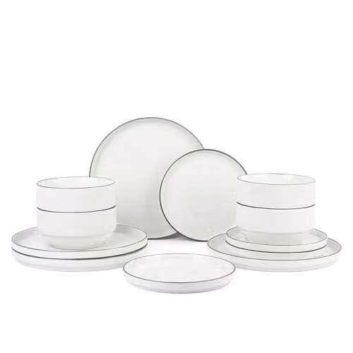 Waterside 12-Piece White and Green Rim Stacking Porcelain Dinner Set – 1