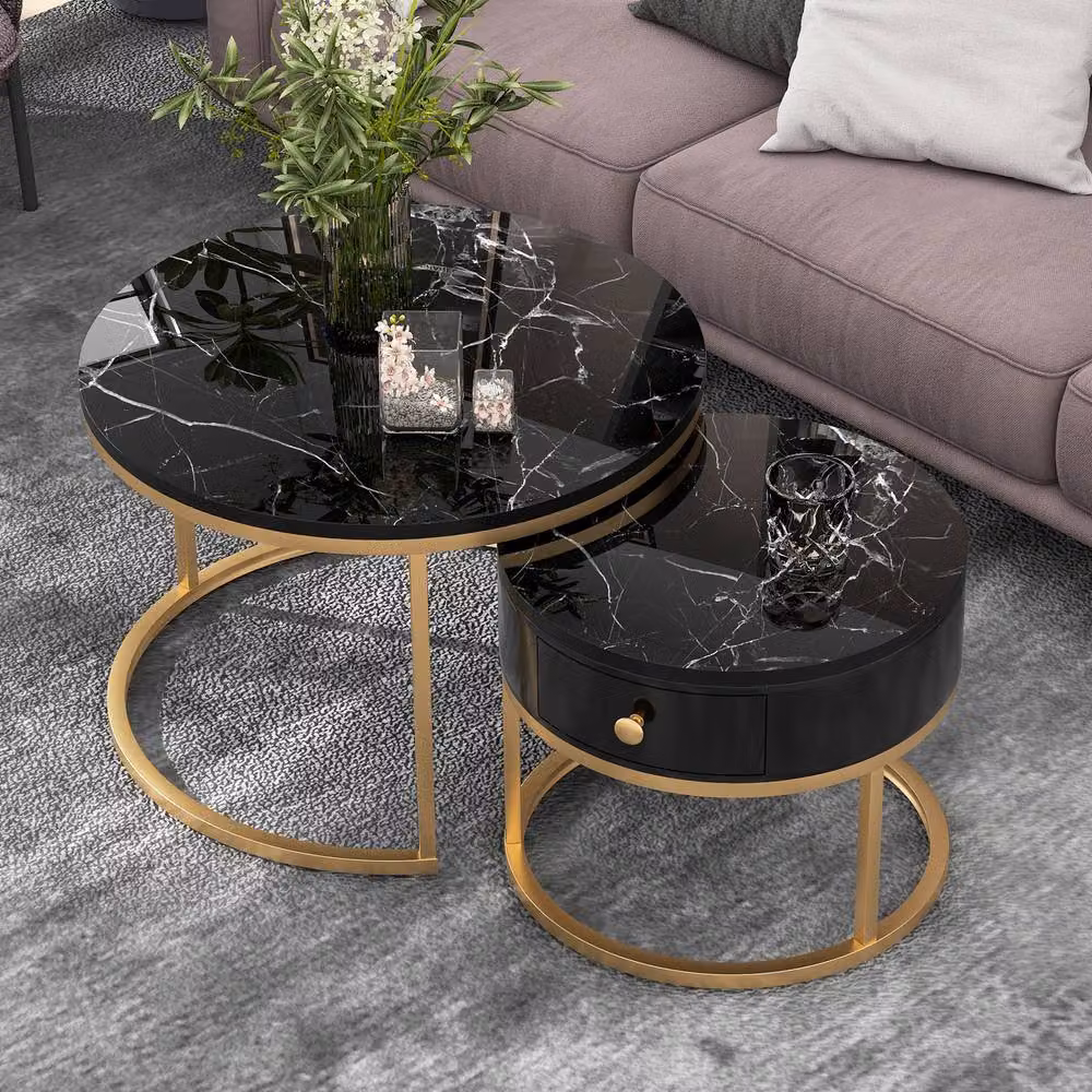 Rolipo Set of 2 Round Nesting Coffee Tables with Black Marble Effect Tops and Gold Metal Frames – 3