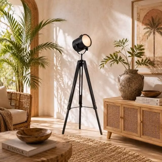 Wyld Haus Suta Industrial Tripod Searchlight Floor Lamp in Black Wood and Metal with Adjustable Head – 1