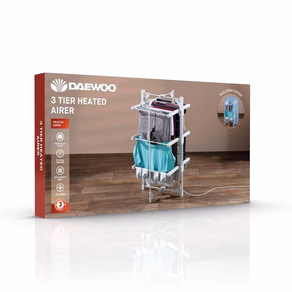 Daewoo 3-Tier Heated Airer with Cover, 300W, 30kg Capacity, Grey – 3