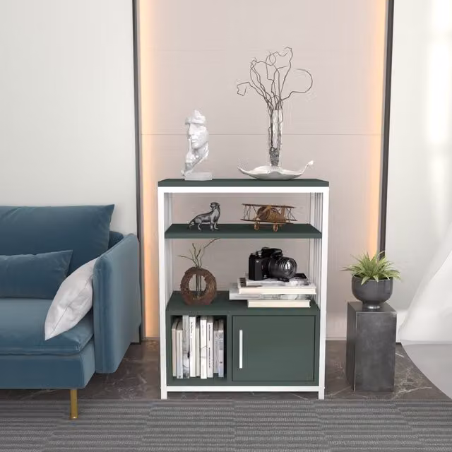 Decorotika Letos Industrial Bookcase with Metal and Wood Frame in Green and White