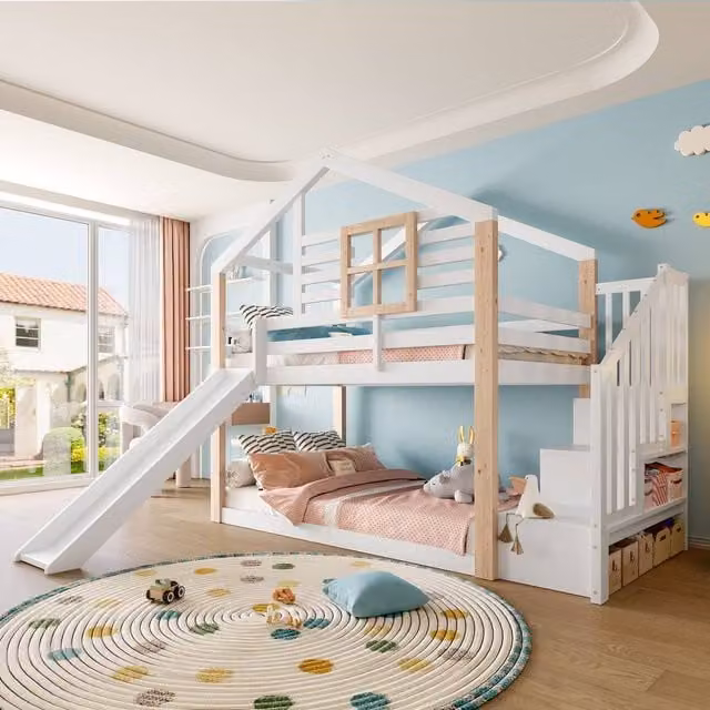 BTM Kids Two-Level Bunk Bed in White Solid Wood with Stairs and Side Storage, W/D/H: 90 x 190 cm