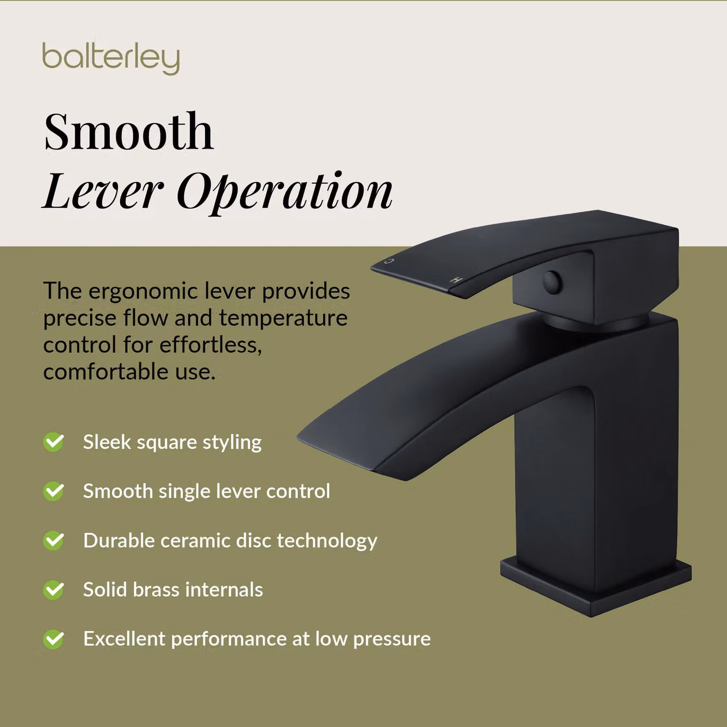 Balterley Contemporary Square Single Lever Mono Basin Mixer Tap with Pop Up Waste, Matt Black – 3
